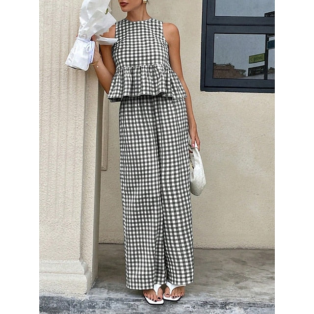 Women's Pants Sets Bolero Top Sleeveless Crew Neck Plaid