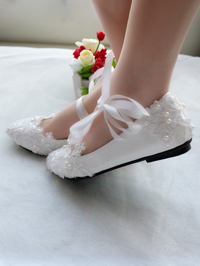 Wedding Ribbon Lace White Shoes - Ties Elegant Bridal Flats with