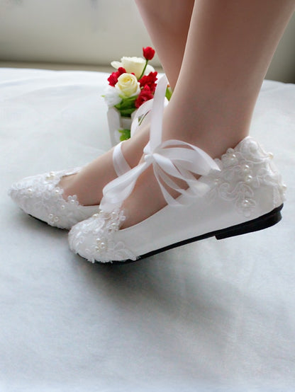 Wedding Ribbon Lace White Shoes - Ties Elegant Bridal Flats with