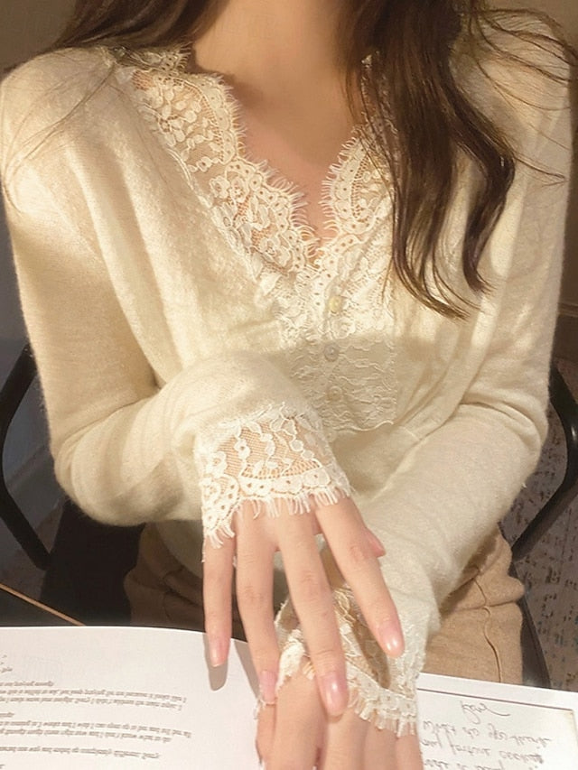 Women's Blouse Lace Tops Lace Patchwork Solid Color Stylish