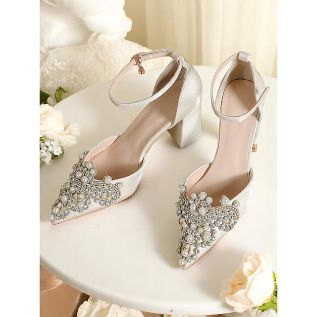 Pearl Wedding Heel Women's and Rhinestone Block Embellished
