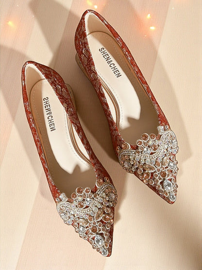 Red Women's Embellished Rhinestone Pointed-Toe Flats