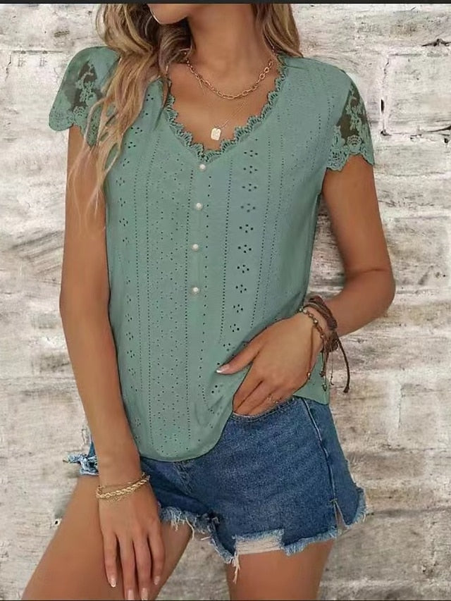 Women's Blouse Lace Eyelet Buttons Solid Color Stylish