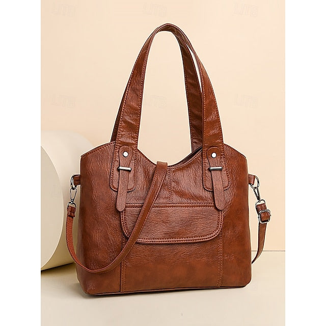 Brown Faux Bag Women's Leather Tote with Vintage Dual