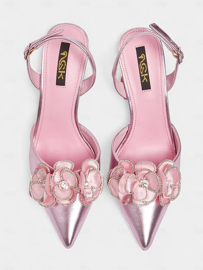 with Heels Pointed Satin Toe Pink Women's Floral