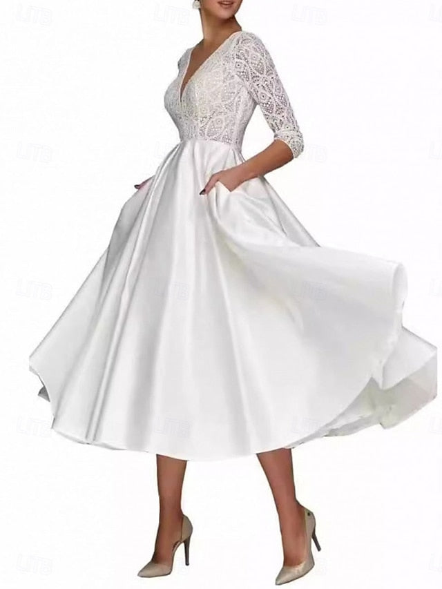 Tea Dress Neck Elegant A-Line the Mother Bride V Simple of
