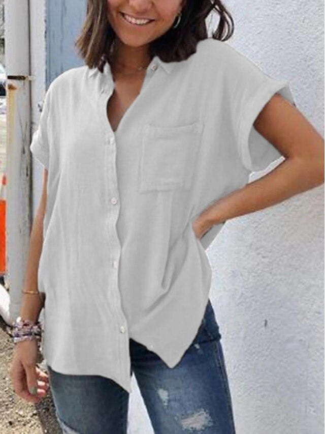 Women's Linen Blend Button Up Long Cotton Top White Cotton