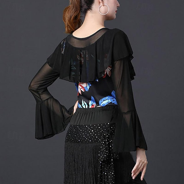 Latin Dance Ballroom Dance Top Printing Ruffles Splicing