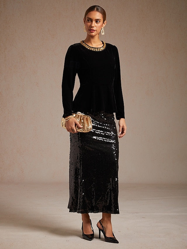 Women's Velvet Blouse Beaded Elegant Crew Neck Regular Tops