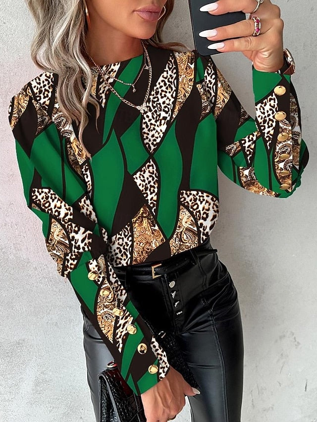 Women's Blouse Elegant Color Block Buttons Print Raglan