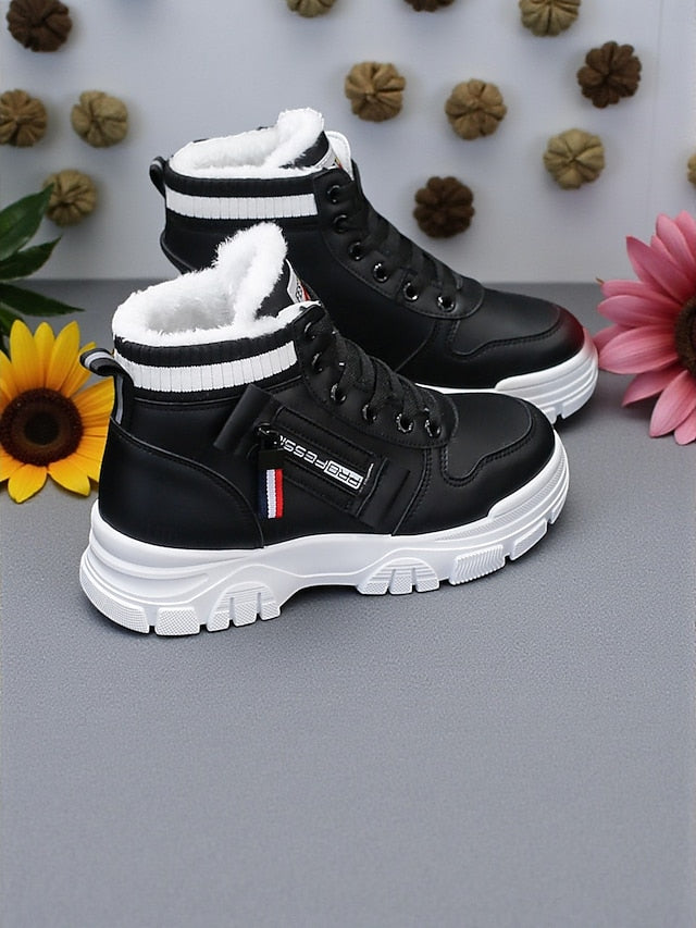 Women's White Warm High-Top Sneakers with Faux Fur Lining -