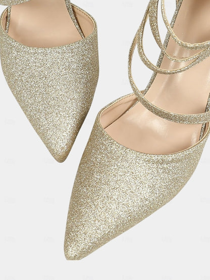 Women's Heels - High Toe Ankle Strappy Wrap Glitter Pointed