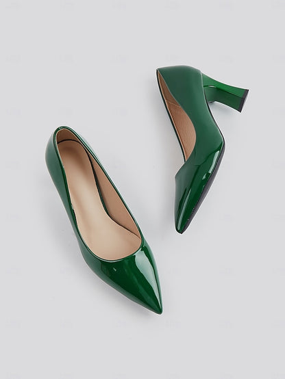 Green Leather Glossy Pumps Patent Heel Faux Block Pointed-Toe