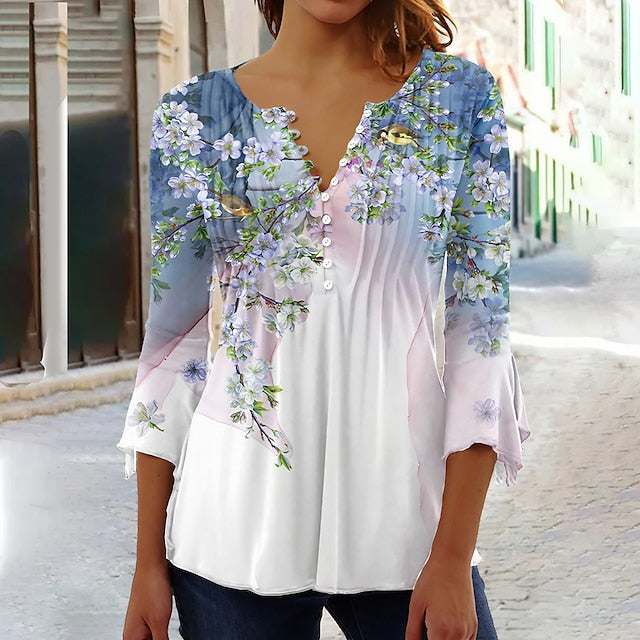 Women's T-Shirt  V Neck Henley Floral Streetwear Casual 3/4