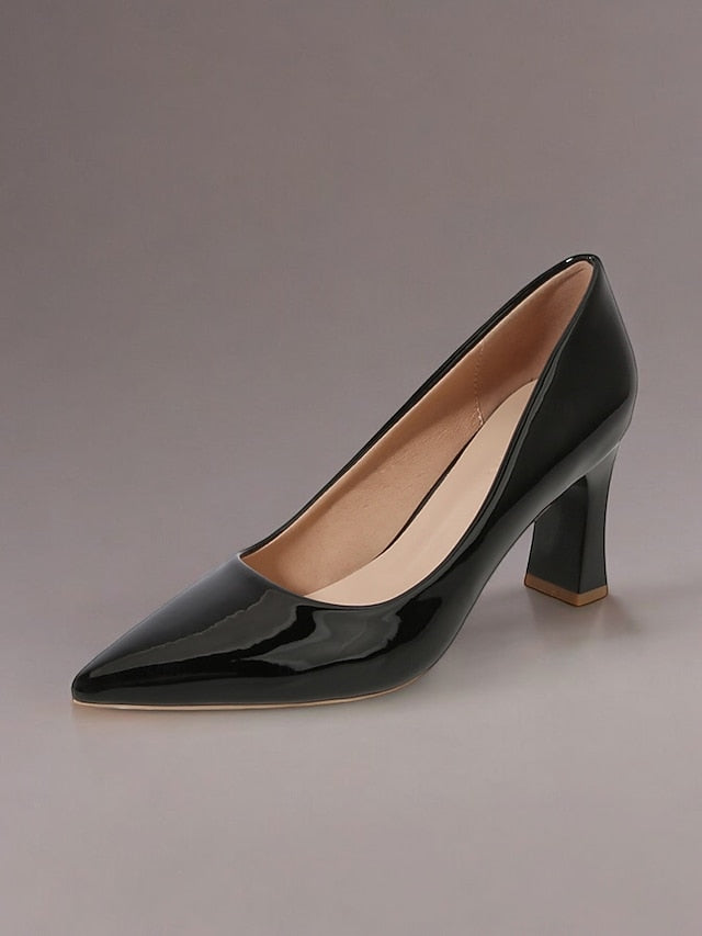 Green Leather Glossy Pumps Patent Heel Faux Block Pointed-Toe