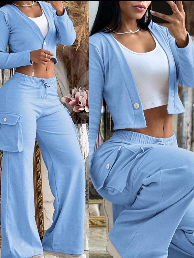 Women's Pants Sets Long Sleeve V Neck Solid Color
