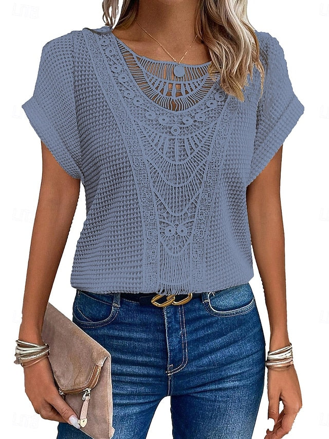 Women's T Shirt Hollow Out Solid Color Elegant Stylish