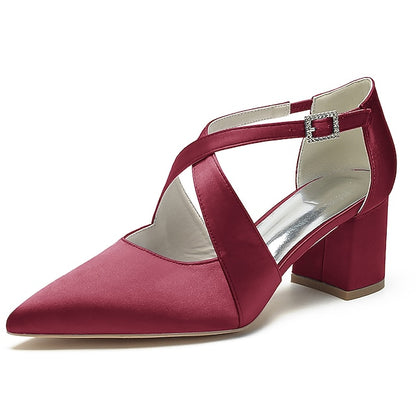 Satin Elegant Toe – White Women's Heels Block Pointed