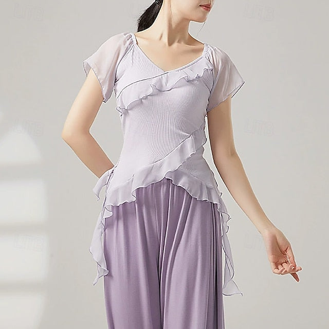 Activewear Top Ruffles Pure Color Splicing Women's