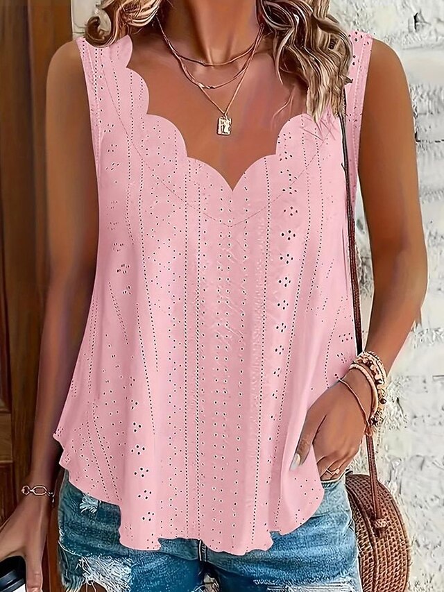 Women's Texture Blouse Eyelet Top Pointelle Tee Blouse