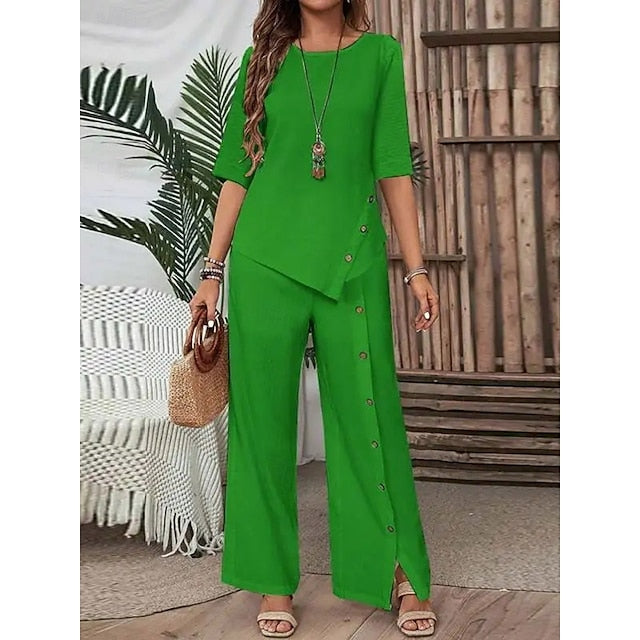 Women's Pants Sets Half Sleeve Round Neck Solid Color