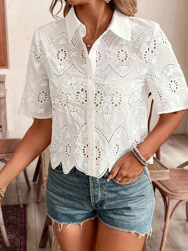Women's Blouse Eyelet Solid Color Stylish Casual Short