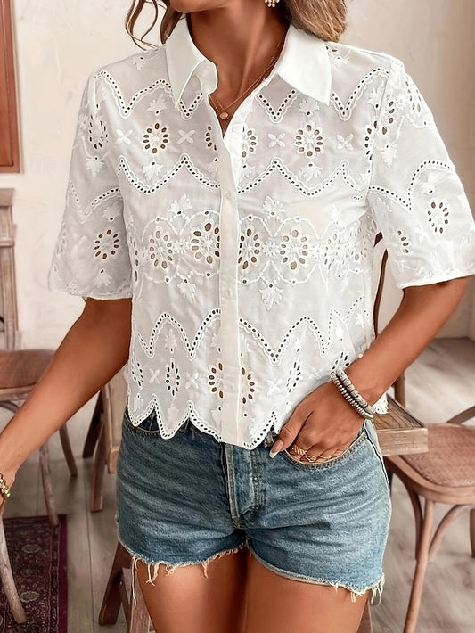 Women's Blouse Eyelet Solid Color Stylish Casual Short