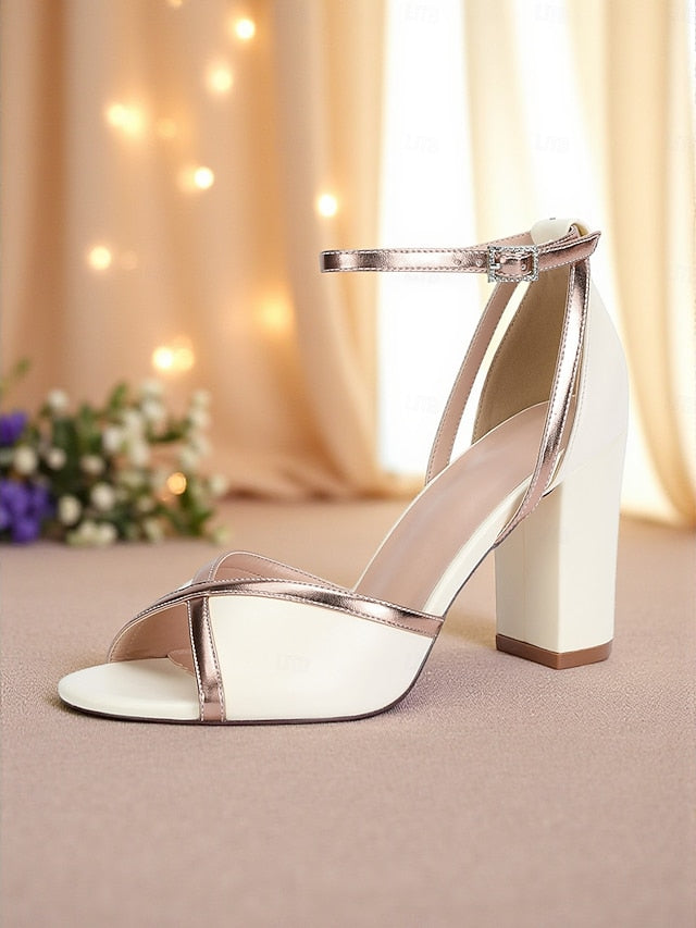 Women's Strap with White Ankle Block Metallic Sandals Heel