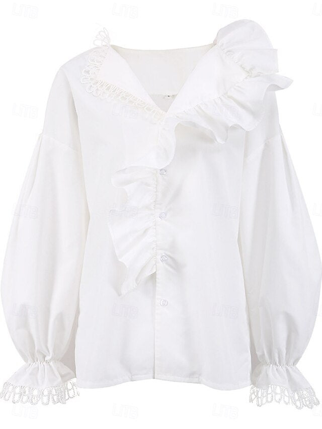 Women's Casual Shirt Button Up Shirt Blouse Ruffle Solid
