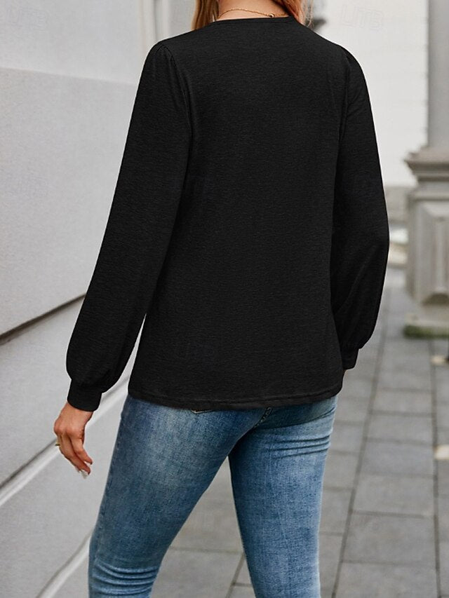Women's T Shirt Plain Classic Casual Long Sleeve V Neck