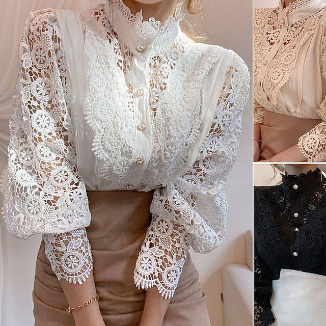 Women's Lace Shirt Blouse Eyelet top White Lace Shirt