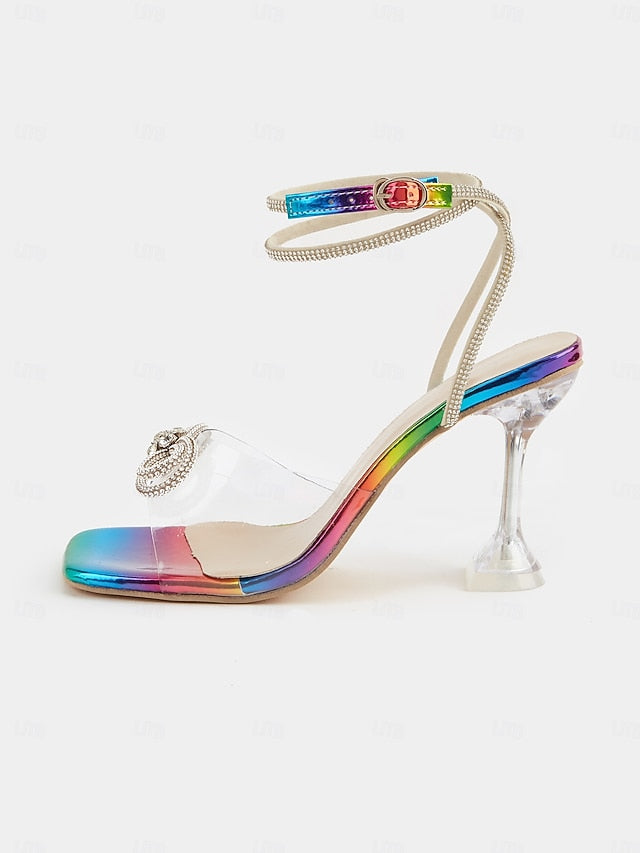 Rainbow Colorful Detail Clear Heels Heel - Bow High with Crystal