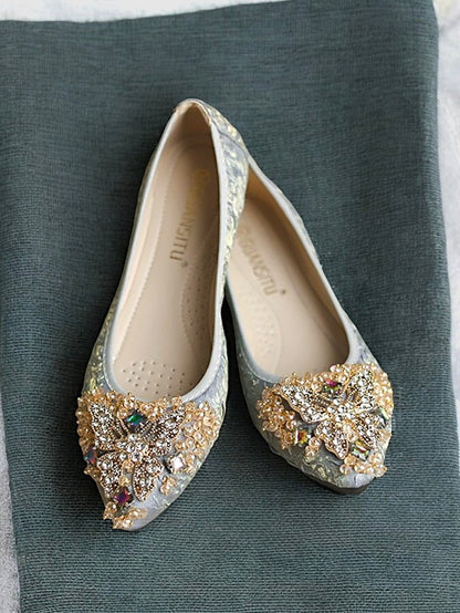 Flats with Ballet Beaded Women's Foldable Embroidered