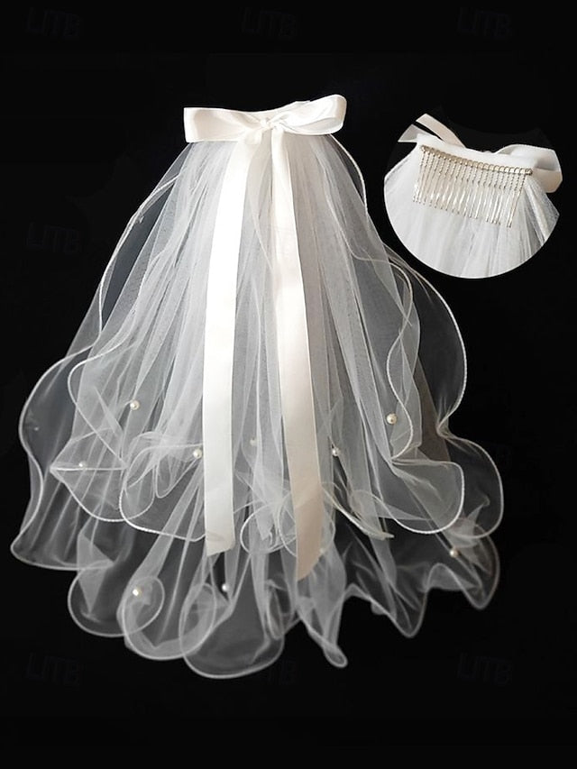 Ivory Ribbon Soft Bridal Satin Tulle and with Elegant Veil -