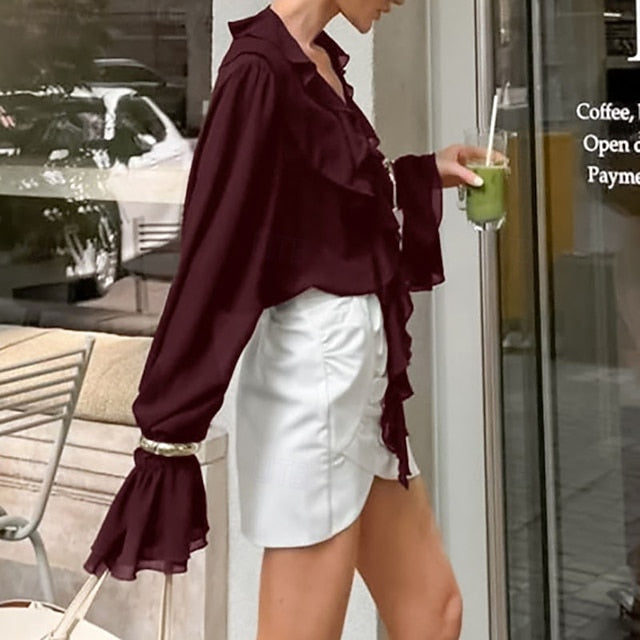 Ruched Tops Satin Chiffon Women's Top Elegant Blouse Ruffle