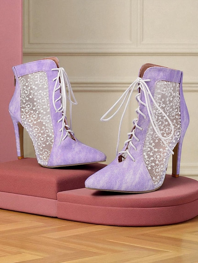 Women's Ankle White Booties Lace with Mesh Stiletto Heels