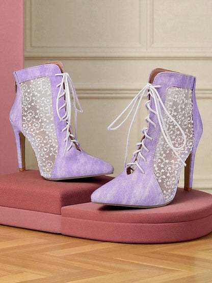 Women's Ankle White Booties Lace with Mesh Stiletto Heels