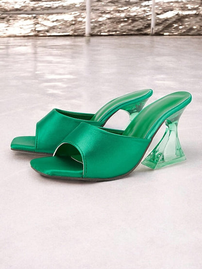 Transparent Satin Open-Toe Green Mules Block for with Heels