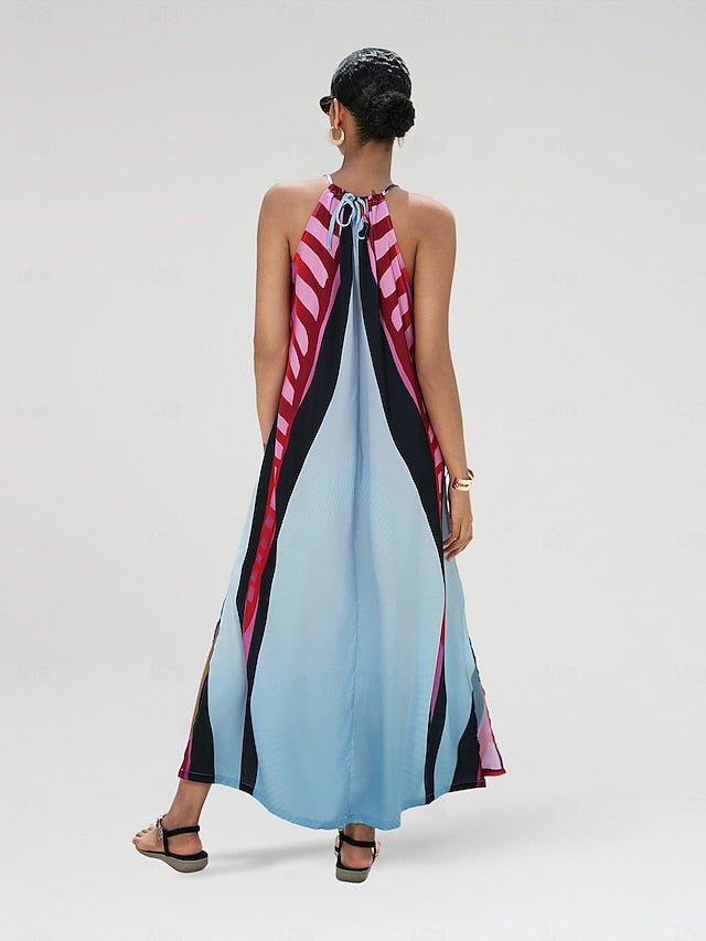 Women's Halter Neck Dress Satin Maxi Maxi Dress Rainbow