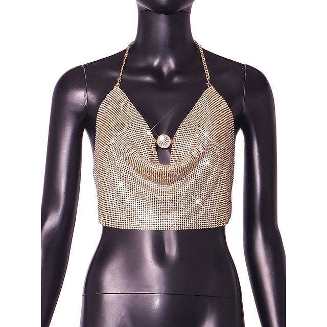 Metallic Crop Chain Backless Body Tank Top Camisole Sparkle