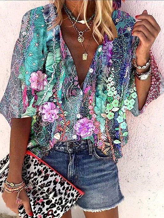 Women's Shirt Button Down Blouse Ombre Floral Graphic