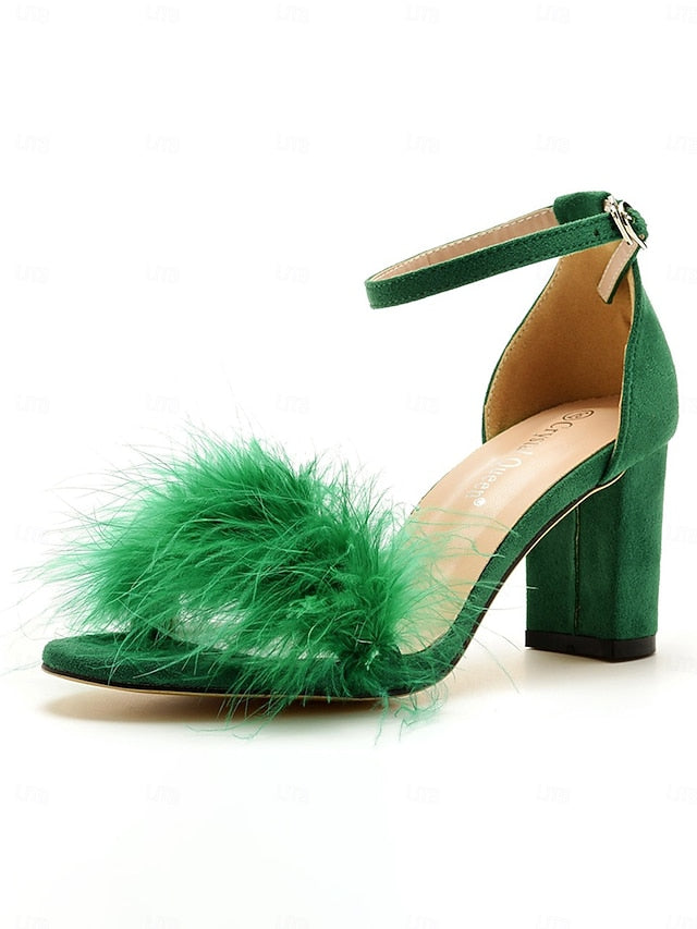 Block Feather-Embellished – Sandals for Women Heel Wedding