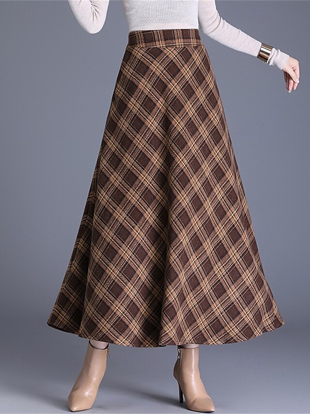 Women's Elegant Retro Vintage Maxi High Waist Skirts Plaid