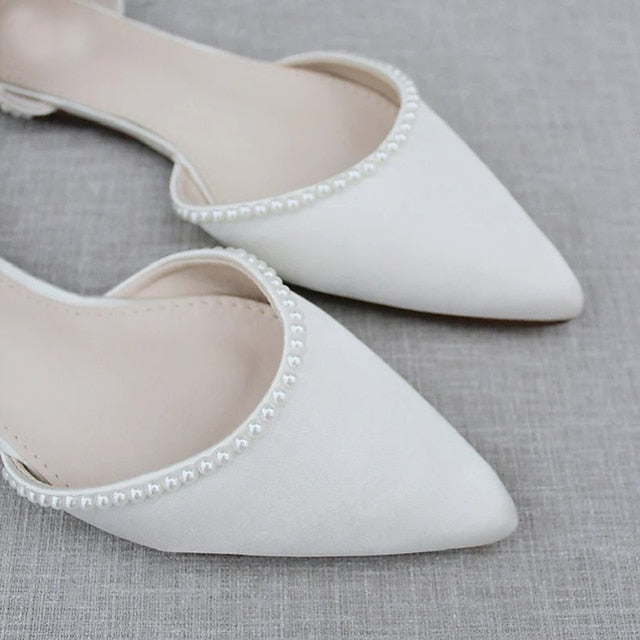 Flat White Women's Toe Shoes Pearl-Embellished with Pointed