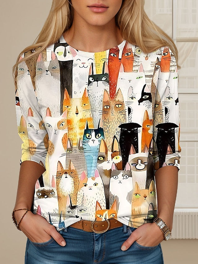 Women's T shirt Long Sleeve Crew Neck Long Sleeve Tunic Cat
