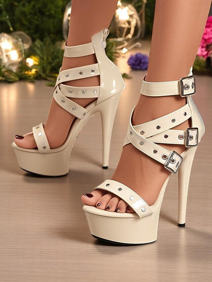 Women's High Platform Buckled White and Straps Heels with
