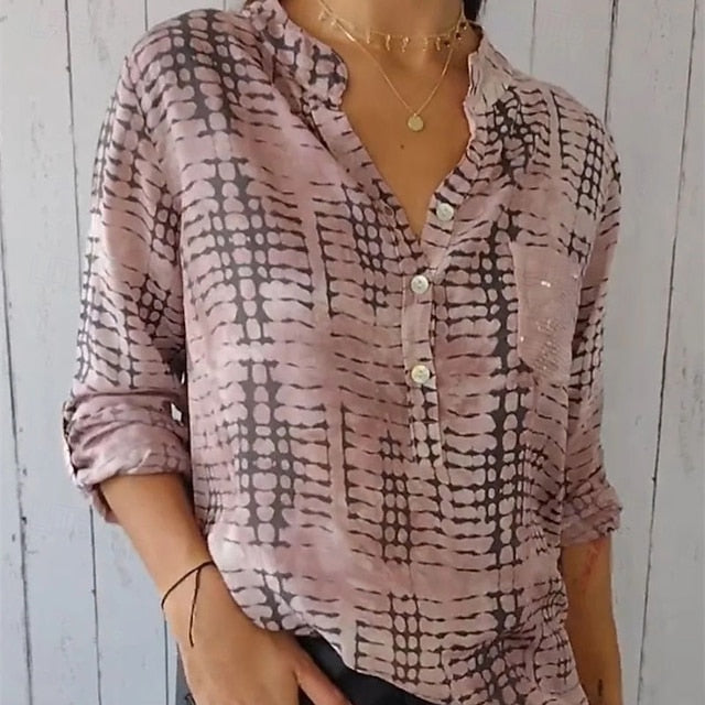 Women's Blouse Dressy Tops Ruched Patchwork Pocket Plaid