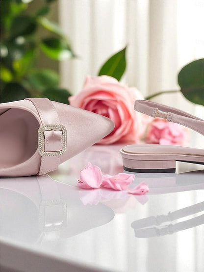 Buckle with Women's Rhinestone Pink Satin Flats Slingback