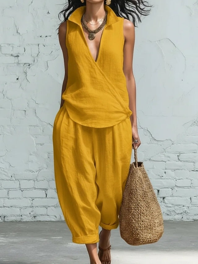 Women's Pants Sets Sleeveless V Neck Solid Color Fashion