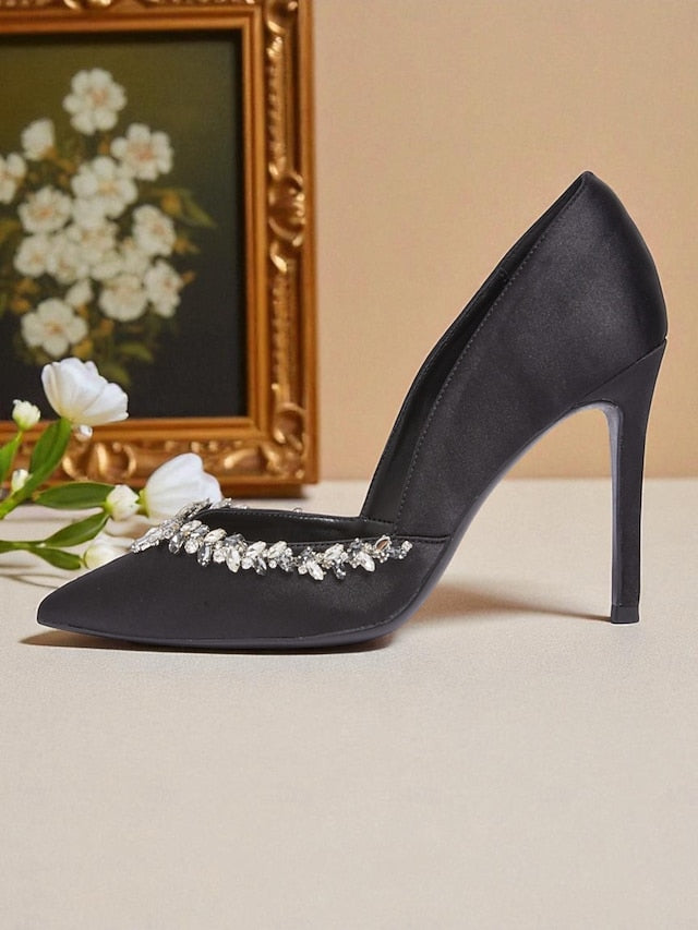 Toe with Embellishment Satin Heels Pointed Women's Crystal